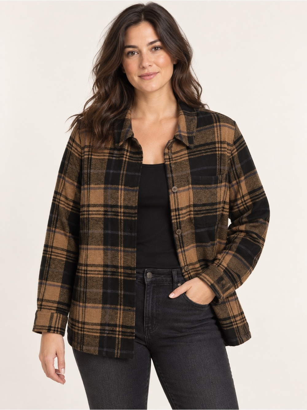 Tentree Women’s Large Foxtrot Brown Plaid Organic Cotton Utility Shacket